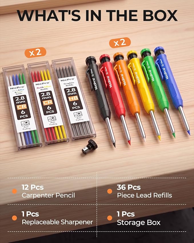 Nicpro Carpenter Pencil with Sharpener, 12Pcs Construction Pencil+52 Refill