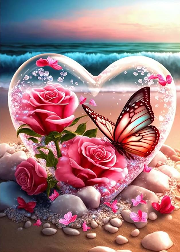 Beach Diamond Painting Kits for Adults, Flowers Heart Diamond Art Kits