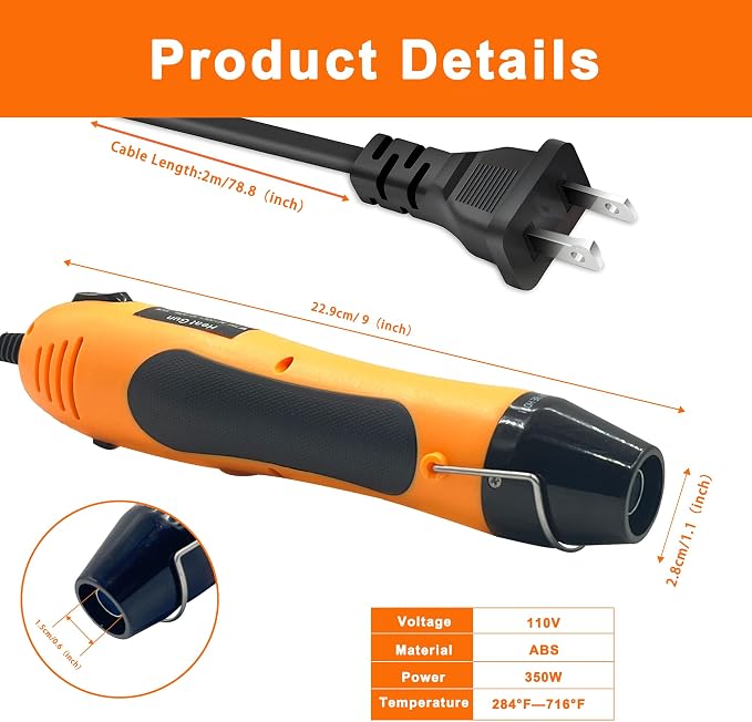 Heat Gun, 350W Mini Heat Gun with Reflector Nozzle Dual Temperature Settings Fast Heat Hot Air Gun Tool for Crafting, Heat Gun for Craft Dryer, 6.56Ft Overload Protection for Drying Paint
