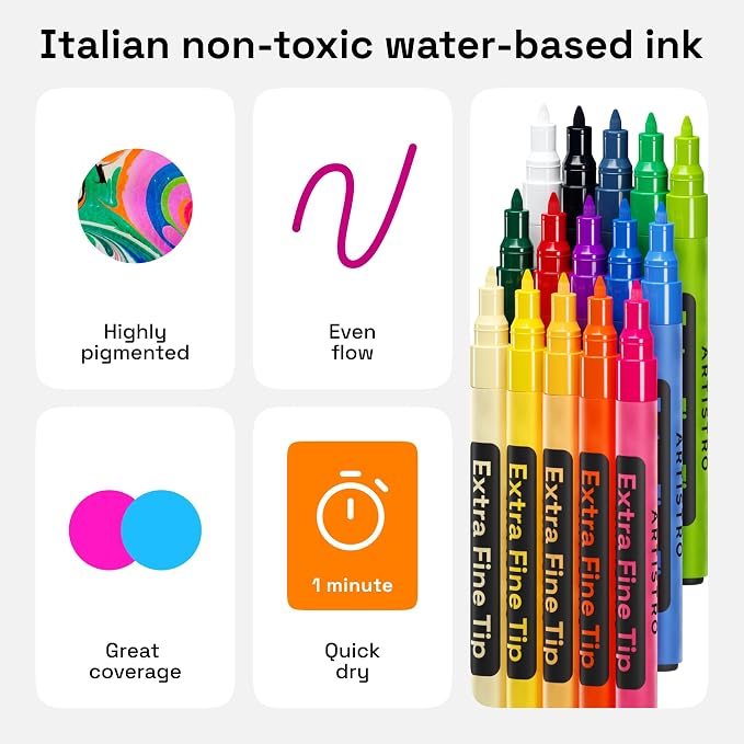 ARTISTRO 15 Acrylic Extra-Fine Glass Marker Pens for Wine Glasses | Extra-FineTips Vibrant Dual Tip Paint Pens for Party Charms, DIY, Craft - Art and Craft Supplies for Adults, Teens, Kids