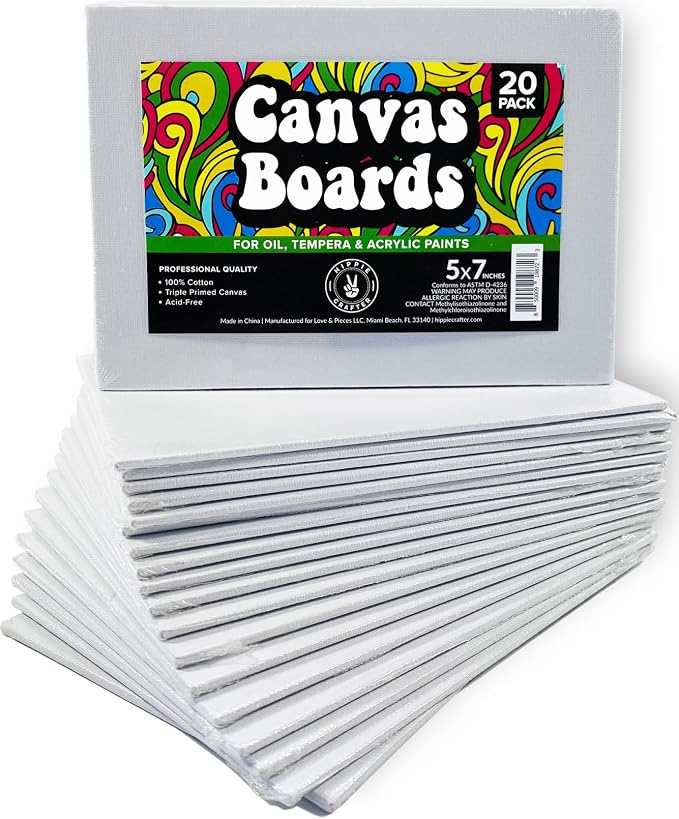 Hippie Crafter 20 Pack Paint Canvases for Painting, 5x7 Blank Art Canvas Panels, Flat Canvas Boards for Acrylic, Oil, and Mixed Media, Small Canvases for Painting Projects and Art Supplies