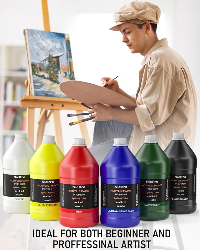 Nicpro 6 Colors Bulk Acrylic Paint Set, 128 oz/1 Gal Art Painting Supplies