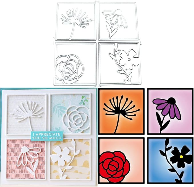 Scrapbooking Die-Cuts, Strips Frame Metal Cutting Dies for Card Making, Paper Craft Punch Template, Background Embossing Stencils, DIY Album Décor (Square Flowers)