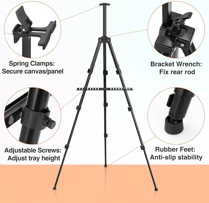JEAWIWI 1 Pcs Adjustable Easel Stand, from 17 to 66 inches, Black | Poster Holder Stand, with Portable Bag, Travel Canvas Holder, Adjustable Height for Sign, Painting, Display