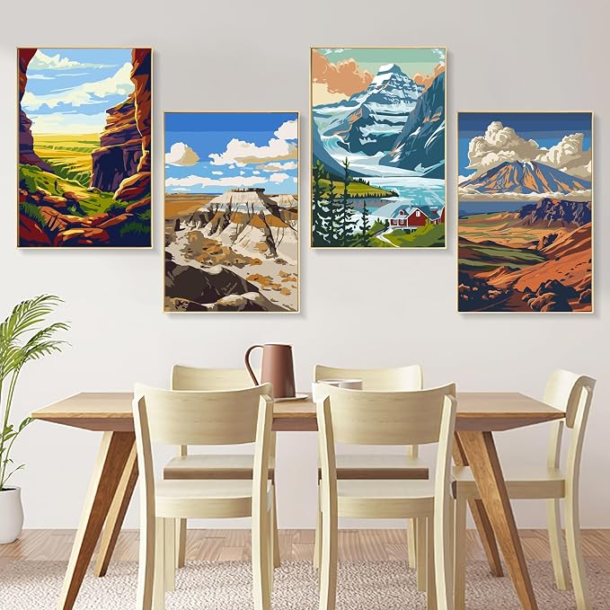 4 Pack National Park Paint by Numbers Kit for Adults Beginner Framed, Mountain Landscape Paint by Number Kits with Frame, DIY Acrylic Adult Paint by Number Kits on Canvas for Home Decor Gift 8x12 Inch