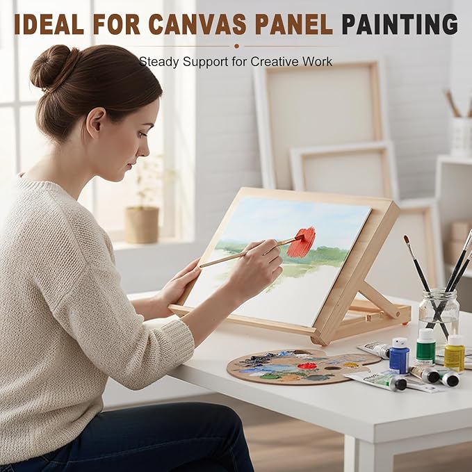 13.8"x11.4" Wooden Tabletop Easel with Paint & Sketch Papers, Masking Tape | Adjustable Art Easel Stand with 3 Angle Settings, Drawing Board for Canvas Painting, Sketching, Book Reading, Tablet Display