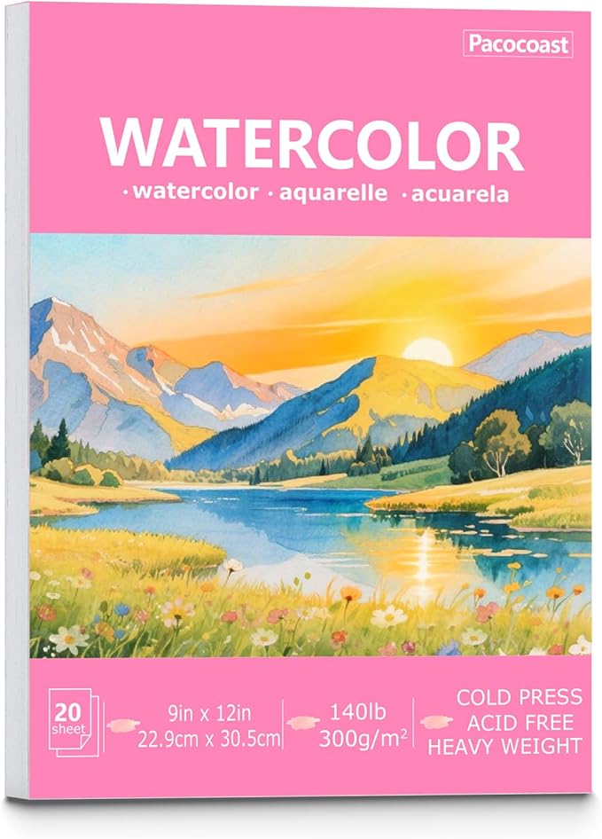 Pacocoast 9"x12" Watercolor Paper Pad, 140lb/300gsm Water Color Paper, Pink