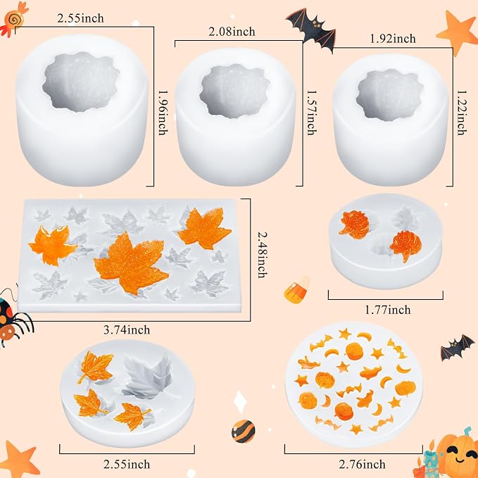 7 Pcs Pumpkin Candle Molds, Halloween Silicone Mold | DIY Craft Making Decoration Supplies, Thanksgiving Maple Molds and Ghost Mold