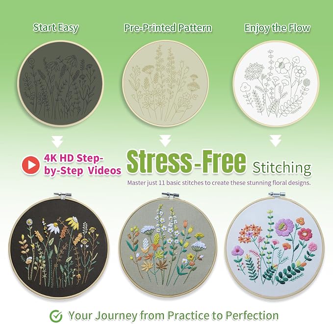 ETSPIL Embroidery Kit for Beginners, 11 Stitches, Easy to Follow, 4K Video | Pre-Printed Fabric, No-Wash. Bound Manual, Step-by-Step. 16 Needles, 14 Colors, 20% Extra. All in One Box. Quiet Time at Home