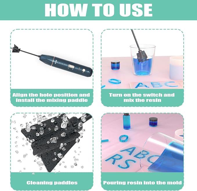 Upgraded Resin Mixer, Handheld Rechargeable Mixer with Minimizing Bubbles,Epoxy Resin Mixer for Resin, Silicone Mixing, Resin Molds, DIY Crafts (Included 4 pcs Paddles) (Blue)