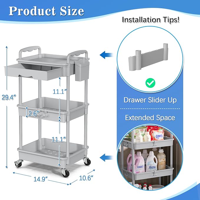 SUNALLY 3 Tier Rolling Cart with Drawer, Craft Storage Cart Organizer, Gray