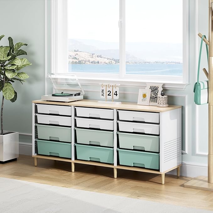 TOOLF 12 Drawers Storage Cabinet with Wooden Top and Plastic Bins,Green | Toy Shelf Storage Chest Cubby Organizer, for Home, Office, Playroom, Classroom & Craft Room