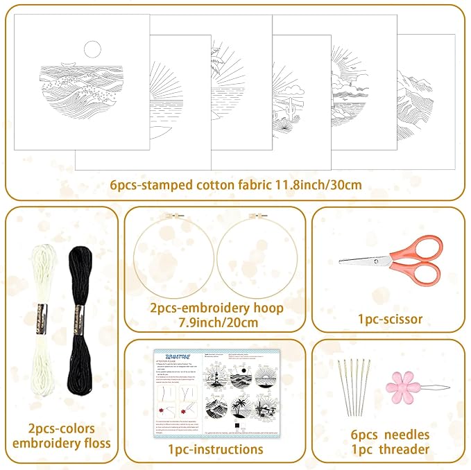 BEUNITONE 6PCS Beginner Embroidery Kit for Adults, Minimalist Black and White Style Pre-Stamped Pattern Needlepoint Kits with Hoops & Instruction, Hand Embroidery Kits for Fabric and Home Decor 7.9"