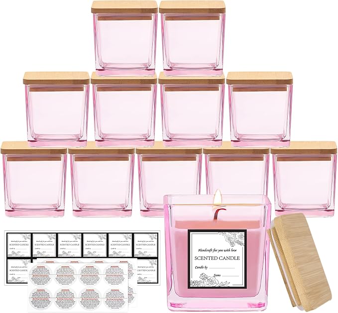 CONNOO 12 Pack 9oz Pink Glass Square Candle Jars with Bamboo Lids