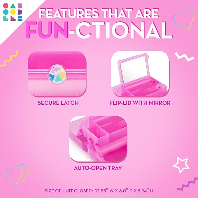 Caboodles On-The-Go Girl Makeup Box, Hot Pink Sparkle, Hard Plastic Makeup Organizer Box, Built-In Mirror, Secure Latch for Safe Travel, Spacious Storage for Large Items