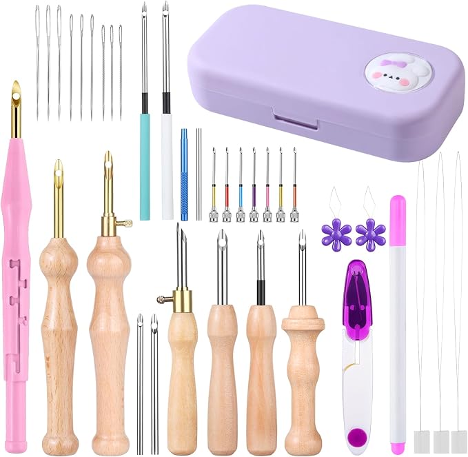 37Pcs Punch Needle Kit, Punch Needle Tools Set with Storage(Purple)