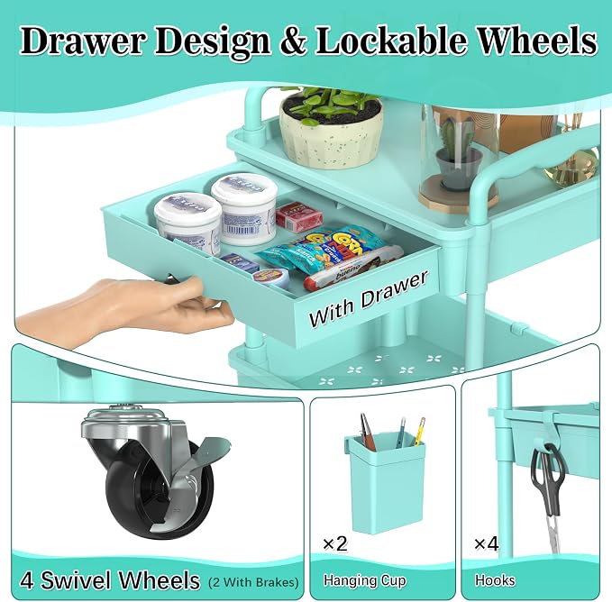 SUNALLY 3 Tier Rolling Cart with Drawer, Craft Storage Cart Organizer, Blue