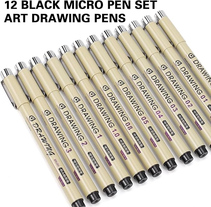Muchcute Micro Fineliner Drawing Art Pens,12 Black Art Supplies Adult Craft | Waterproof Archival Ink Artist Fine Line Markers Liner, Sketch Outline Anime Gifts Manga Sketching Watercolor Zentangle Stuff