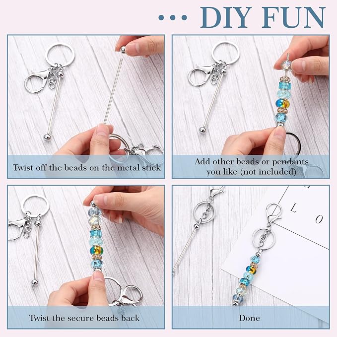 Tondiamo 12 Pcs Beadable Keychains Bars Bulk Blank Beaded Metal Keychain for Craft DIY Gift