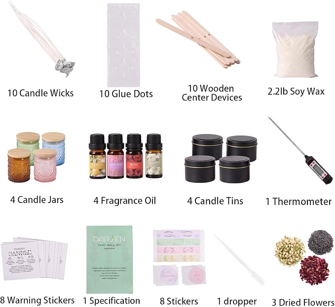 DARJEN Candle Making Kit for Adults, 8 Jars & Tins Soy Wax Scented DIY Set | 100% Soy Wax, 10oz Glass Jars, 4oz Tins, Cotton Wicks, Pleasant Scents, Instruction& More- Perfect as Home Decorations