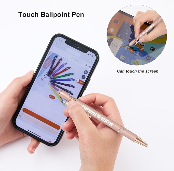 Actsun Funny Pens, 12 Pcs Rose Gold Fine Point Smooth Writing Pens, Inspirational Stylus Ballpoint Pens with Screens Touch Stylus Tips, Black Ink 1.0 Mm Gift Office Desk Accessories