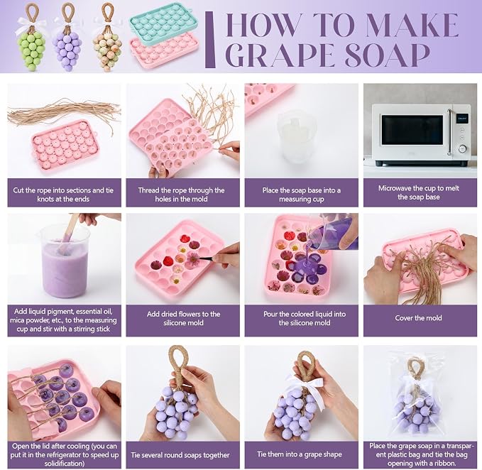 DIY Grape Soap Making Kit Complete Craft Set with with Natural Soap Base Silicone Molds Mica Powder Dried Flowers Coloring Agents and Essential Oils for Homemade Gifts Home Party Decor