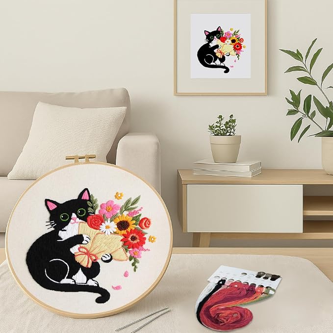 Nuberlic Embroidery Kits for Beginners with Cat and Flower Pattern | Cross Stitch Starter Craft Kits for Adults Including Cloth with Pattern, Hoop, Needles Instruction and Threads