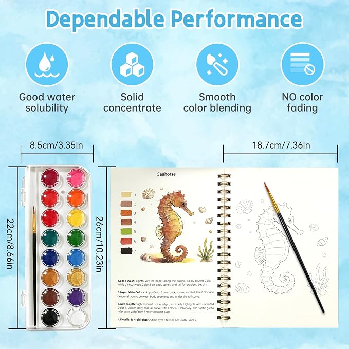 Watercolor Workbook, 16 Colors Watercolor Books Paint Set for Adults Teens