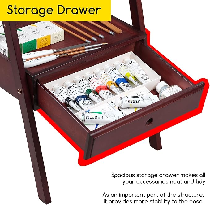 MEEDEN Studio H-Frame Easel with Art Supply Storage Drawer - Adjustable (60"~75") Wood Easel Stand for Artists, Adults and Students, Holds Canvas Art up to 35" - Deep Walnut