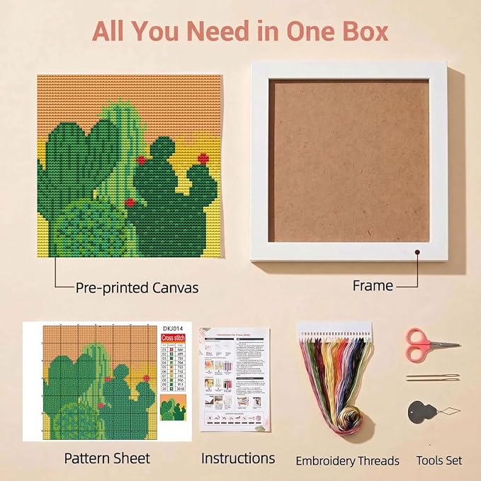 WUSARPLY Cactus Stamped Cross Stitch Kits for Beginners Adults with Framed | Succulents Needlepoint Counted Cross Stitch Kits for Beginners Adults with Framed Embroidery Kits Arts and Crafts 6x6 inch