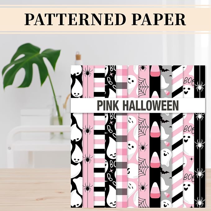 JarThenaAMCS 24 Sheet Halloween Little Boo Pattern Paper Black Pink Ghost Spider Bat Scrapbook Specialty Paper Double Sided Craft Papers for DIY Card Making Photo Album Decor, 6 x 6 Inch