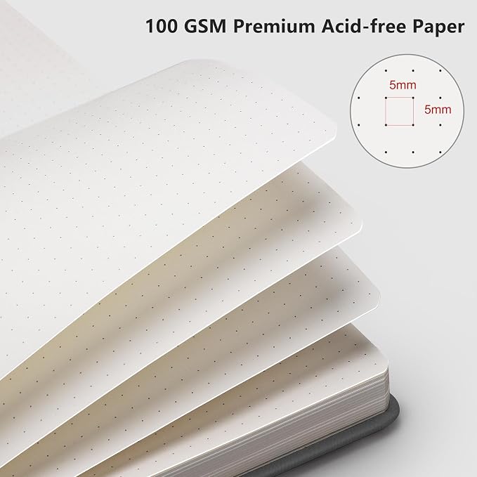 RETTACY Dotted Journal Notebook, 192 Pages, A5 Medium Size (5.7'' x 8.3'') | Leather Hardcover, 100 GSM Thick Paper, for Journaling, Planning, Tracking (Gray)