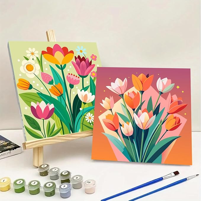 Sretoul 4 Pack Paint by Numbers Kit for Adults Framed Easel Flowers 8x8 in