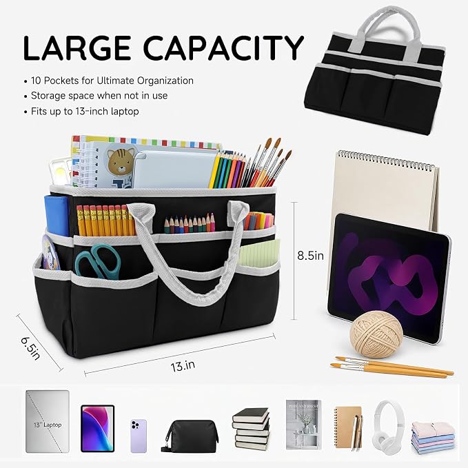 AKAYOK Art Supply Organizer Tote Bag, Portable Craft Bags with Handles | Foldable Storage Tote with 10 Pockets & Adjustable Divider for Stationary, Sewing, Scrapbooking Supplies, Medical Supplies