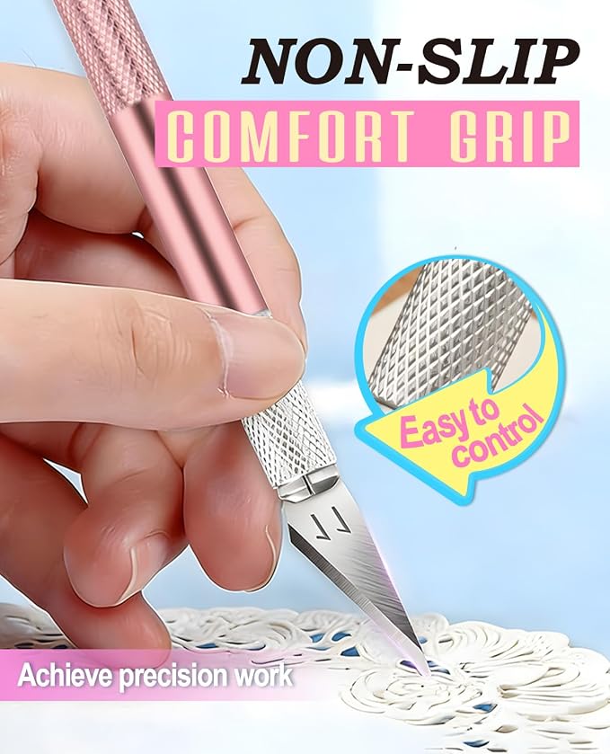 DIYSELF Exacto Knife Set with 10 Extra #11 Blades, 6-Inch Metal Ruler, Pink | Exacto Knife for Crafting, Art, Scrapbooking & Stencil Projects, Hobby Knife Set for Artists & Students