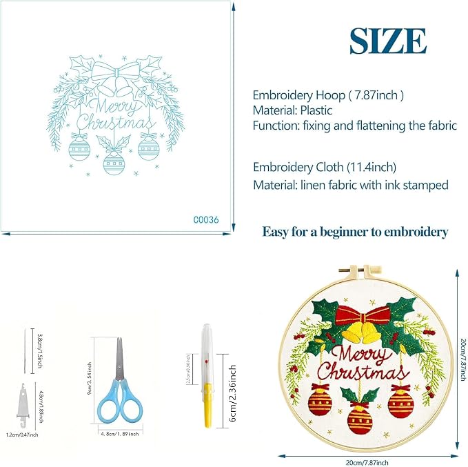 Zhenqing Christmas Embroidery Kit for Beginners - 4 Piece 29x29cm Round Hoop Art with Pre-Printed Cotton Fabric, Embroidery Hoop, Threads & Tools (Merry Christmas, Stocking, Truck, Gnomes)