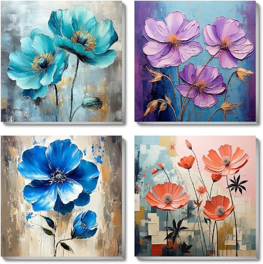 4 Pack Paint by Numbers Kit for Adults Beginners Framed - Flowers Adults Paint by Numbers Kits on Canvas with Paints and Brushes, Flowers Small Oil Paint by Number Kits for Home Decor 8 X 8 Inch