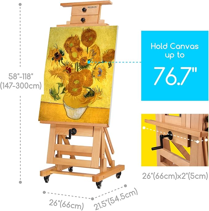 MEEDEN Extra-Large H Frame Easel: Solid Beech Wood Artist Easel for Adults | Professional Heavy Duty Easel with Crank, Movable and Tilting Flat Art Easel Stand for Canvas up to 76.7", Natural