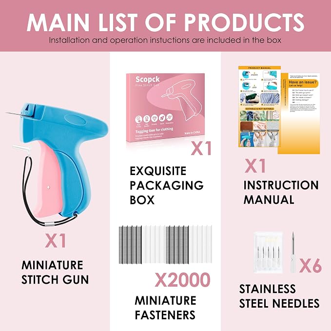 Stitch Gun for Clothes - Handheld Stitch Gun Quick Clothing Fixer - Mini Sewing Kit Micro Tagging Gun - Includes 6 Needle, 1000 Black Fasteners & 1000 White Fasteners