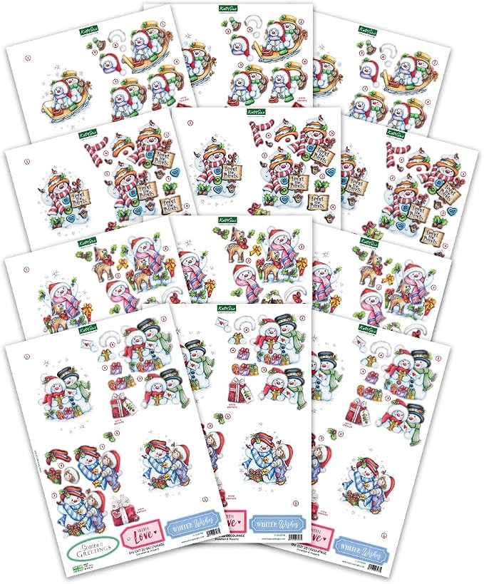 Katy Sue Snowmen Scenes Die Cut Decoupage Pack. 12 Pre-Cut Decoupage Paper Sheets for Christmas Card Making Supplies Featuring Images of Snowmen, Card Toppers, & Sentiments