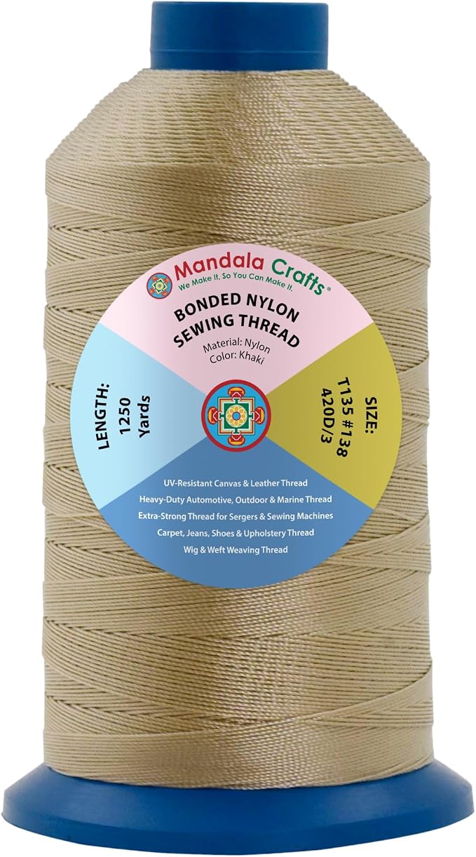 Mandala Crafts Size 138 420D T135 Khaki Bonded Nylon Thread, 1250 YDs
