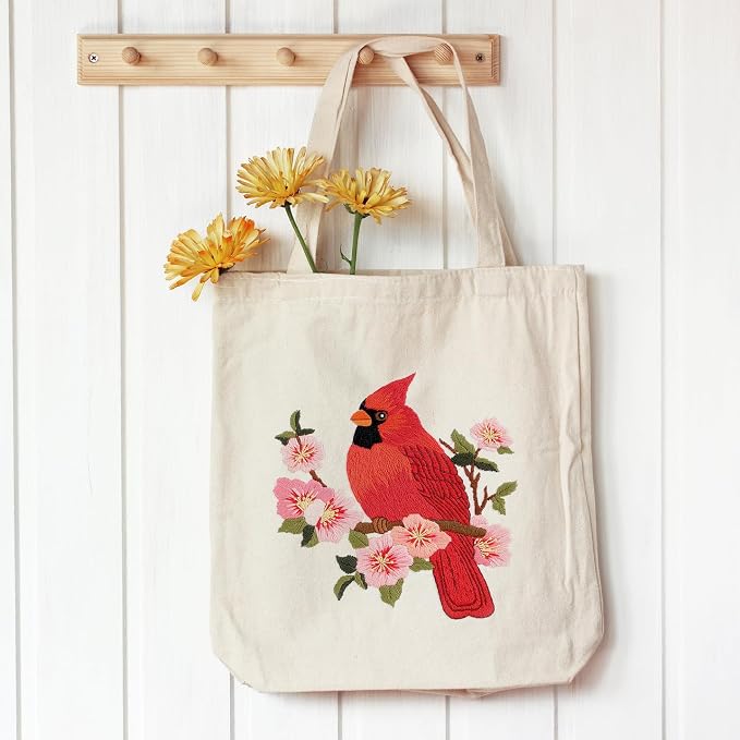 Louise Maelys Cardinal Embroidery Kit for Beginners Canvas Tote Bag