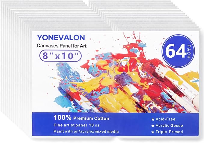 64 Pack 8x10 Inch Canvas Boards for Painting Bulk, Blank Painting Canvases | Canvas Panel Value Pack, Gesso Primed Acid-Free 100% Cottonfor Acrylic Oil Watercolor Paint, Art Supplies for All Skill Level