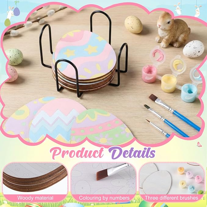 Reallnaive 8 Pcs Easter Eggs Paint by Numbers Kit for Adults Wooden Coaster | Mini Paint by Numbers, Tiny Cute Round Oil Painting Drink Coaster with Holder, for Small DIY Craft Birthday Gift