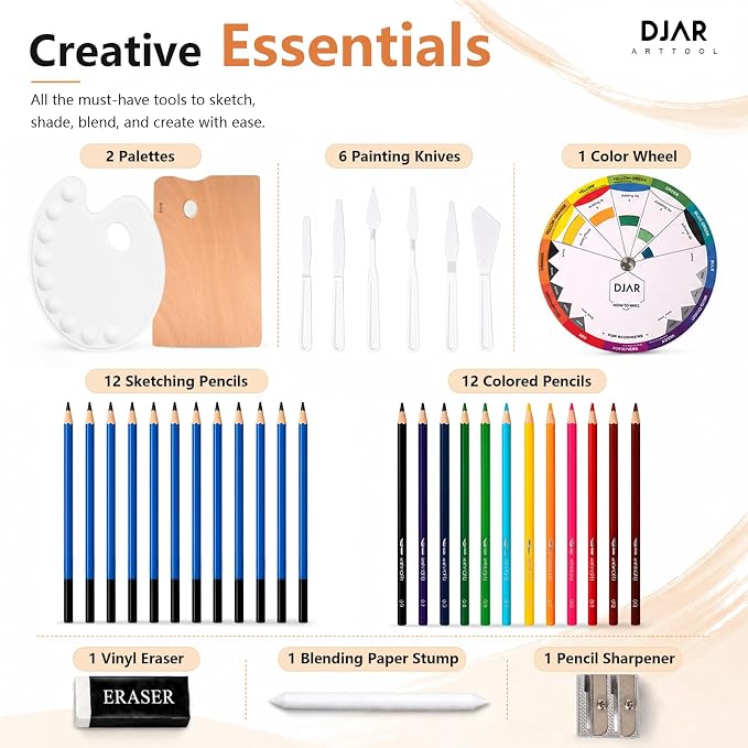 DJAR 174 Pcs All-in-One Art Painting Set with Beech Wood Easel | Complete Professional Artist Supply Kit with 48 Acrylic, 24 Oil & 24 Watercolor Paints for Adults, Teens, and Beginners