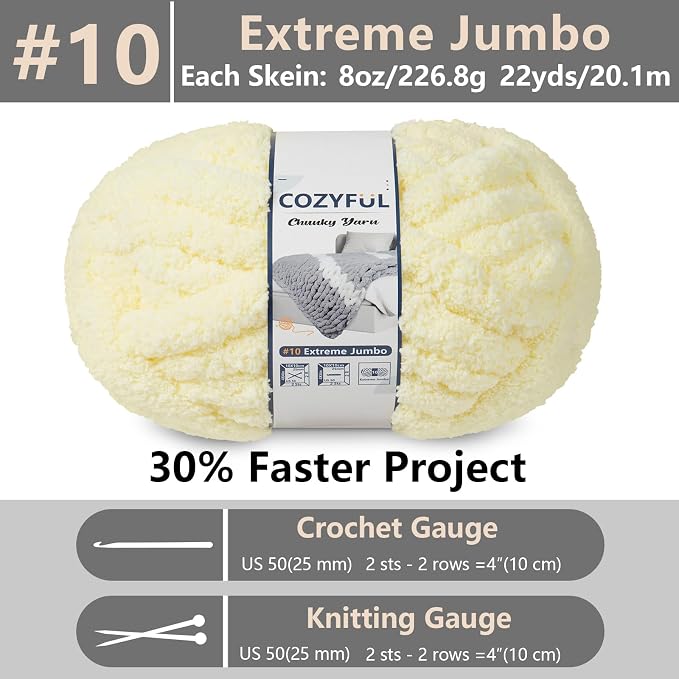 Cozyful Chunky Yarn for Hand Knitting - #10 Chunky Chenille Yarn, Jumbo Big Thick Chunky Yarns for Crocheting, Super Bulky Chunky Knit Blanket Yarns, 8 Skein (22 yds 8 oz Each Skein), Light Yellow