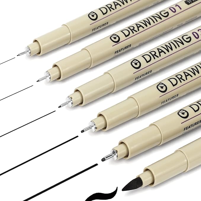 Muchcute Micro Fineliner Drawing Art Pens: 6 Black Artist Supplies Adults | Waterproof Archival Ink Set Pigment Liner Fine Line Markers, Journaling Sketch Outline Manga Anime Gifts Sketching Watercolor
