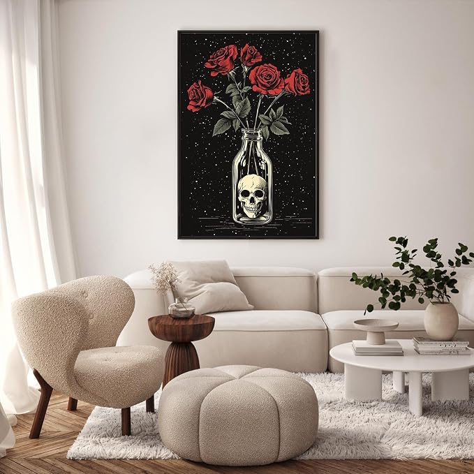 Framed Paint by Numbers Kit for Adults, Skull & Red Roses, 8 x 12 Inch | DIY Adult Paint by Number Kit for Beginners, Gothic Wall Decor, Stress Relief Craft Gift, Creative Hobby
