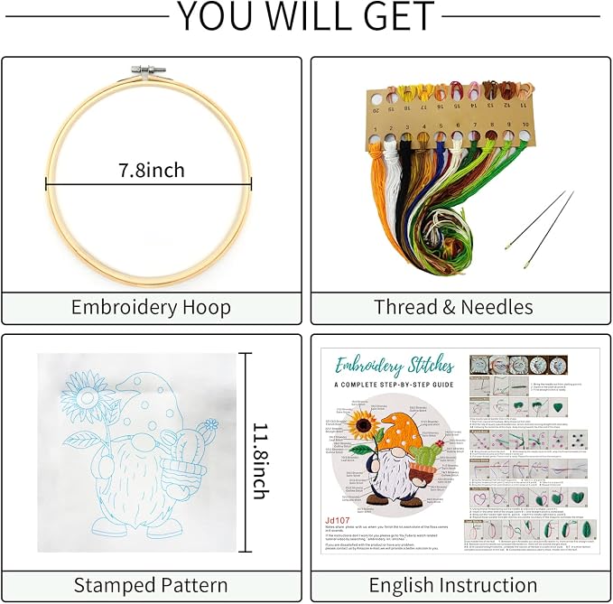 Nuberlic Embroidery Kit for Beginners Adults with Gnome Pattern | Adults Starter Cross Stitch Kit DIY Needlepoint with Hoop, Pre-Printed Fabric, Threads & Step-by-Step Guide