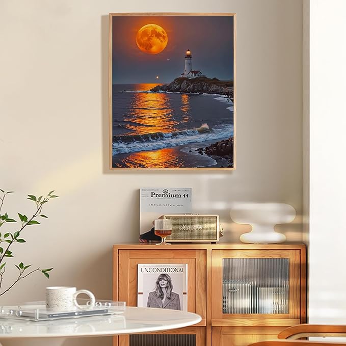 Fountor Moon Paint by Numbers Kit for Adults Beginner 16x20 Inch | DIY Acrylic Painting by Numbers Lighthouse, Without Frame Canvas, Stress Relief Craft Kits, For Home Decor Gift